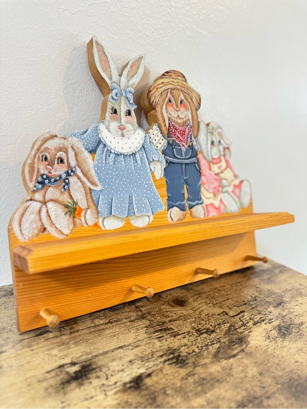 Hand-Painted Bunnies | Wooden Wall Shelf With 4 Peg Coat Rack - Picture 4 of 5